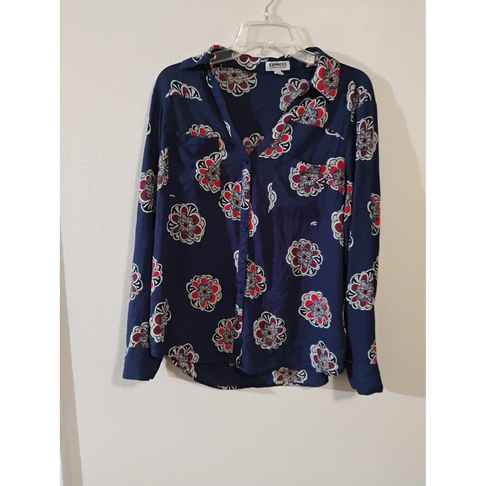Express The Portofino Shirt Navy Blue Floral Medallion Button Down Blouse Large